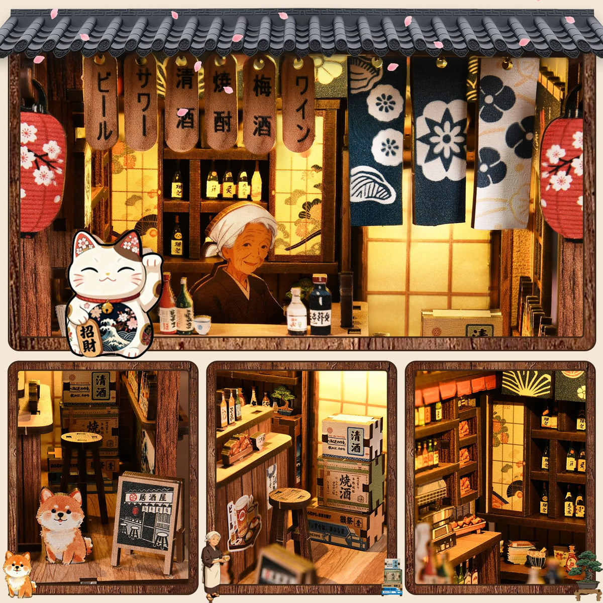 Kubelyx Book Nook Kit - DIY Miniature Doll House Kits for Adults and Teens, Craft Lovers' 3D Wooden Puzzle Bookshelf Decor with LED Light, Gifts for Family and Friends (Sakura Alley Sake Bar)