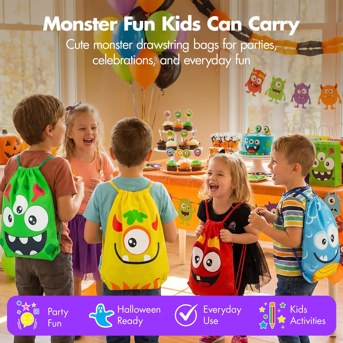 Podzly Drawstring Bags Bulk 12 Pack – Monster Themed Drawstring Backpack Bulk – 12" x 15" Washable Polyester Cinch Sackpack – Kids Party Favor Goody Bags for Halloween, Birthday, Dulceros Fiestas