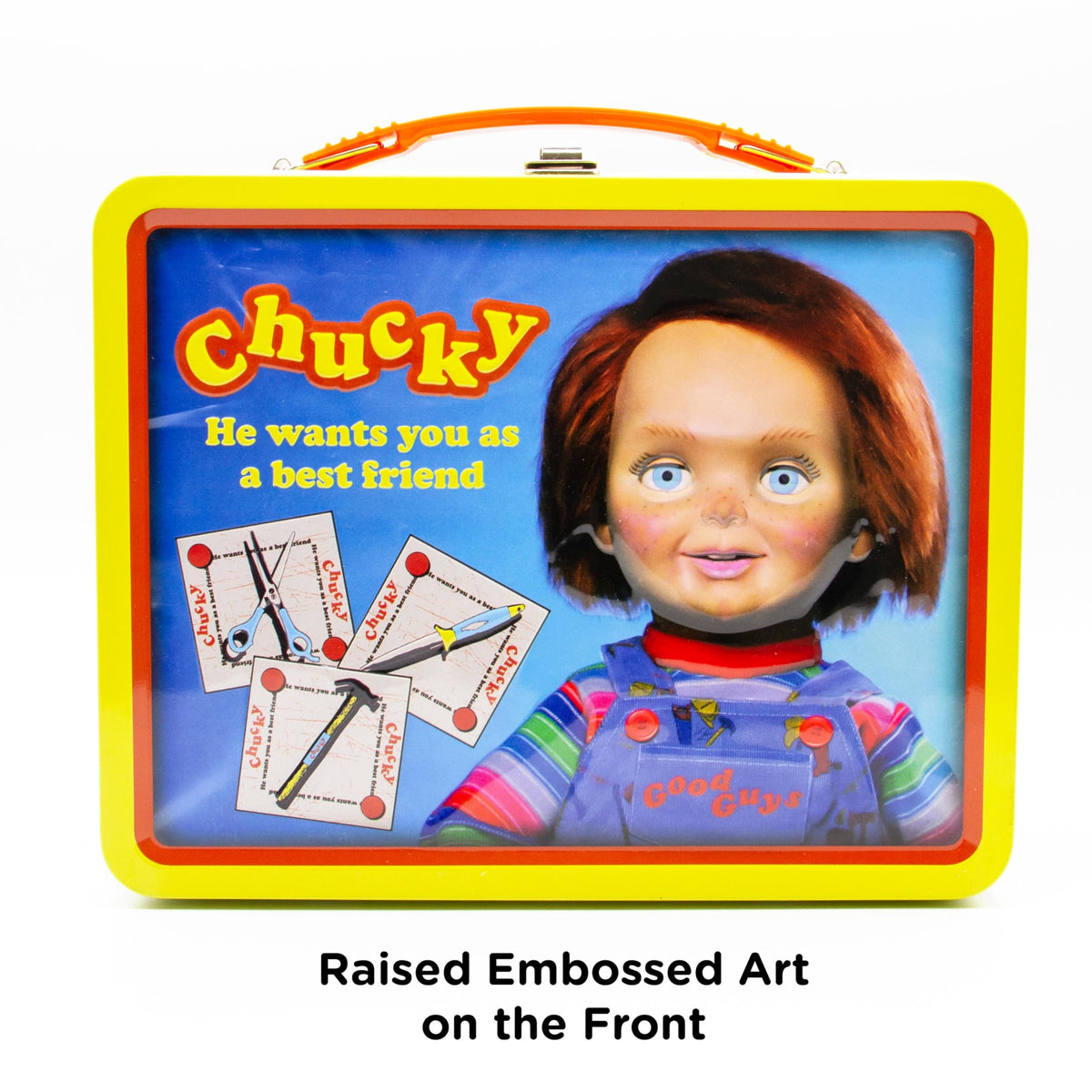 AQUARIUS Chucky Fun Box - Sturdy Tin Storage Box with Plastic Handle & Embossed Front Cover - Officially Licensed Child's Play Merchandise & Collectible Gift for Kids, Teens & Adults