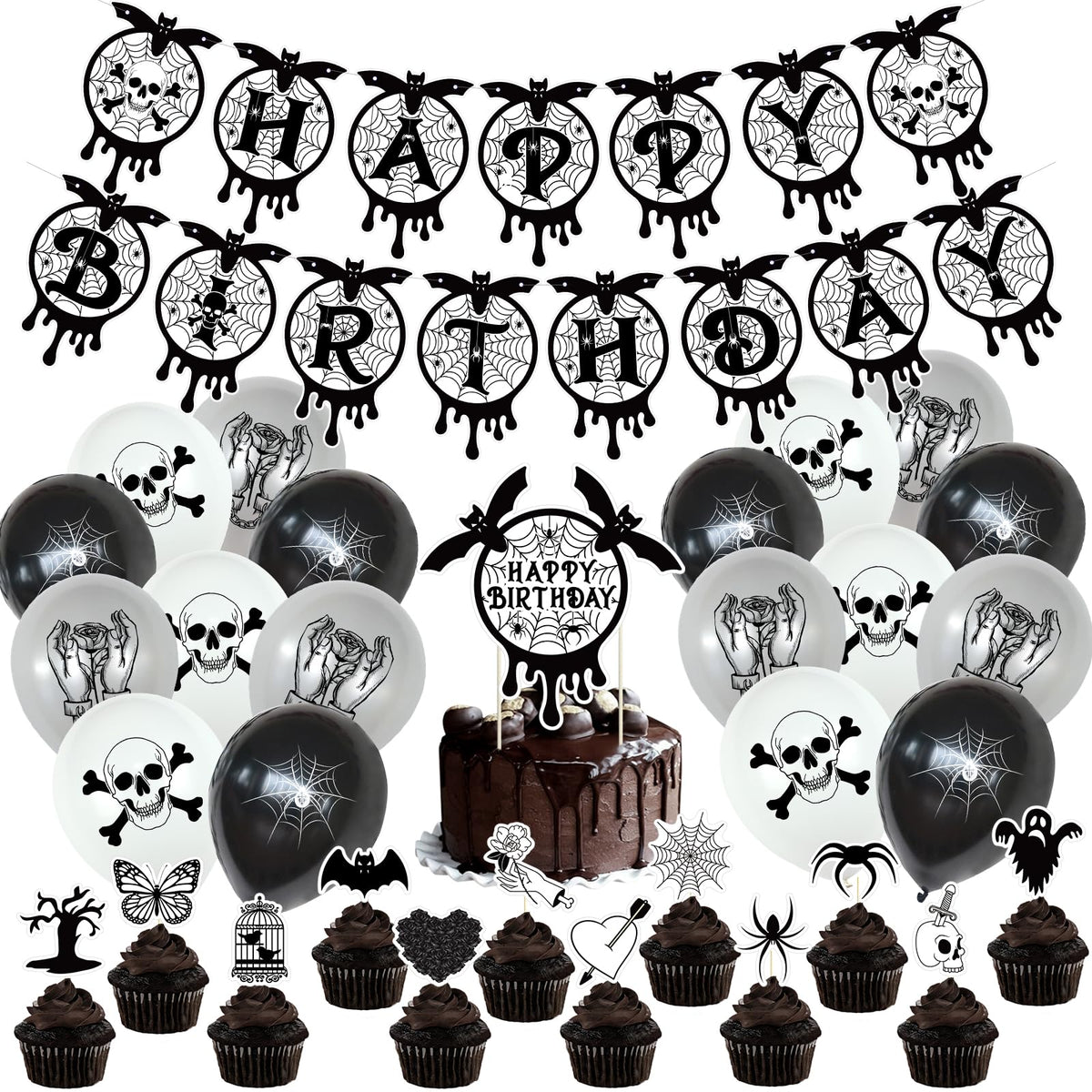 Gothic Black and Silver Horror Theme Birthday Party Supplies Funeral Decorations with Balloons Die Cut Skulls Hearts Ghosts Bats Spiders and Screaming Faces Halloween Party Supplies