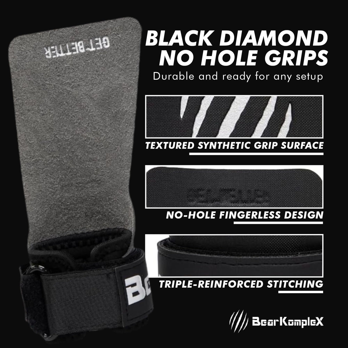 Bear KompleX - Cross Training Hand Grips for Weight Lifting, Gymnastics, and Pull Ups - Lightweight and High Performance Powerlifting Grips for Men and Women - No Hole Design, Black Diamond
