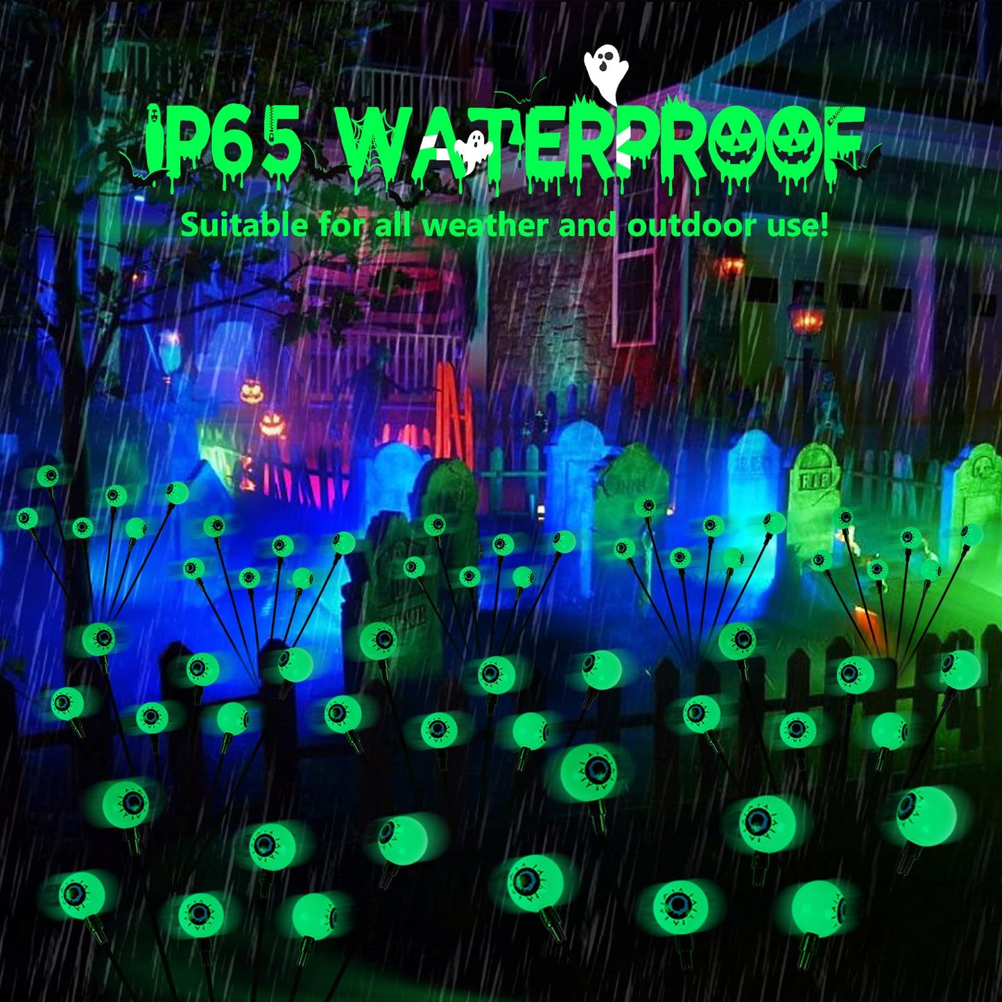 YIQU 4 Pack Solar Halloween Lights Outdoor, Solar Eyeball Lights, 24 LED Green Eyeball Swaying Light with 2 Lighting Modes, Waterproof Outdoor Halloween Decorations for Walkway Yard Lawn Horror Party