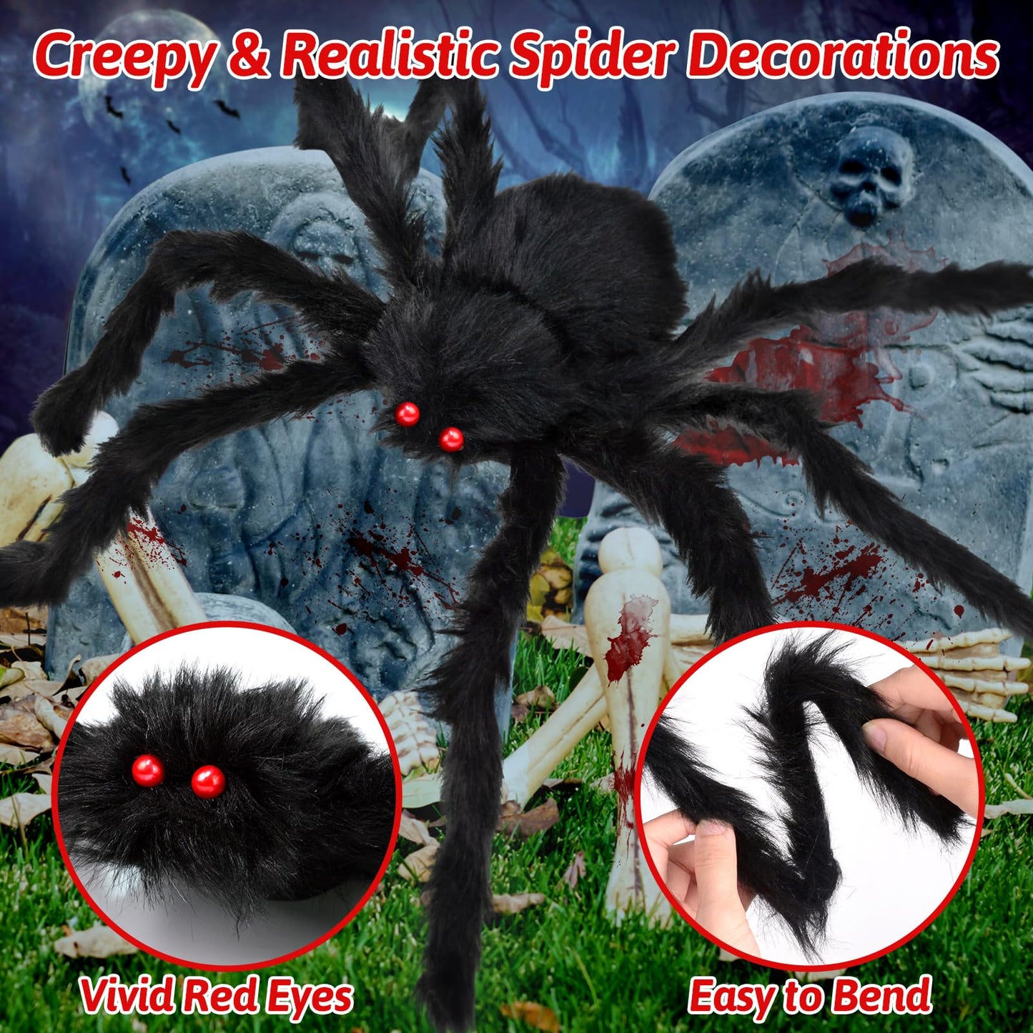 EZIGO 212'' Triangular Huge Halloween Spider Web 49" Giant Fake Spider for Outdoor Halloween Decorations with Stretch Cobweb, halloween Party Supplies for Indoor Home Yard Haunted House Décor