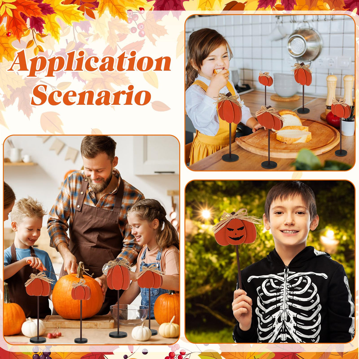 Thyle 3 Pcs Thanksgiving Pumpkin Table Centerpieces Wood Harvest Table Decorations for Home Standing Block Tall Sign with Bow for Home Decor(Orange)