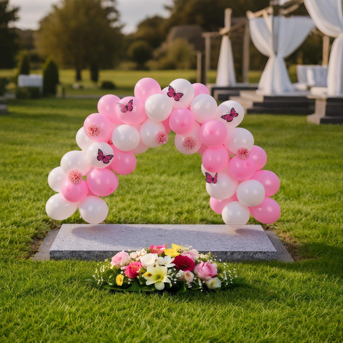 Gejoy 117 Pcs Memorial Grave Decorations for Mom Mini Balloon Arch Kit Artificial Cemetery Flowers Butterflies for Loss of Mother Father Veterans Gravestone Graveyard Outdoor(Pink, White)