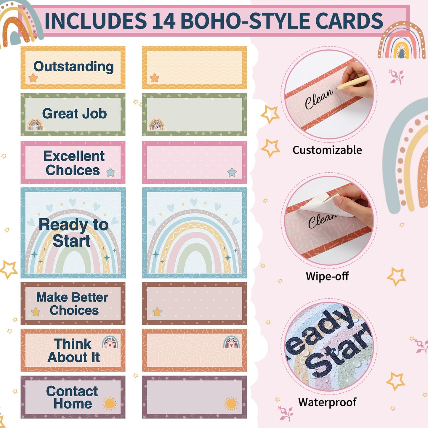 Pasimy 59 Pcs Student Behavior Clip Chart for Classroom Management Kids Track Reward Incentive Behavior Pocket Chart Boho Bulletin Board Teacher Supplies for School Office(Classic)