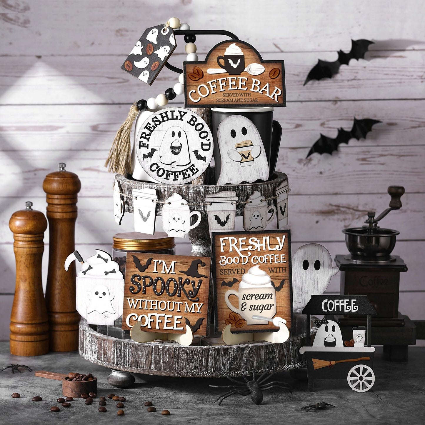 Wonderjune 19 Pcs Halloween Coffee Tiered Tray Decor Rustic Ghost Coffee Bar Table Decor Black and White Spooky Mini Wooden Signs Farmhouse Halloween Decorations for Home Table Office Party Supplies