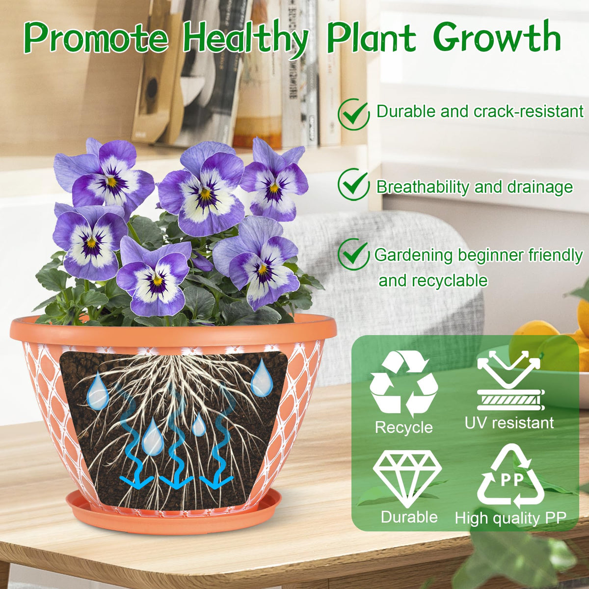 Nooulap 6 Pack 8 Inch Plant Pot, Flower Pots for Indoor Outdoor, Durable Decorative Planters for House Garden Plants Herbs Flowers Succulents