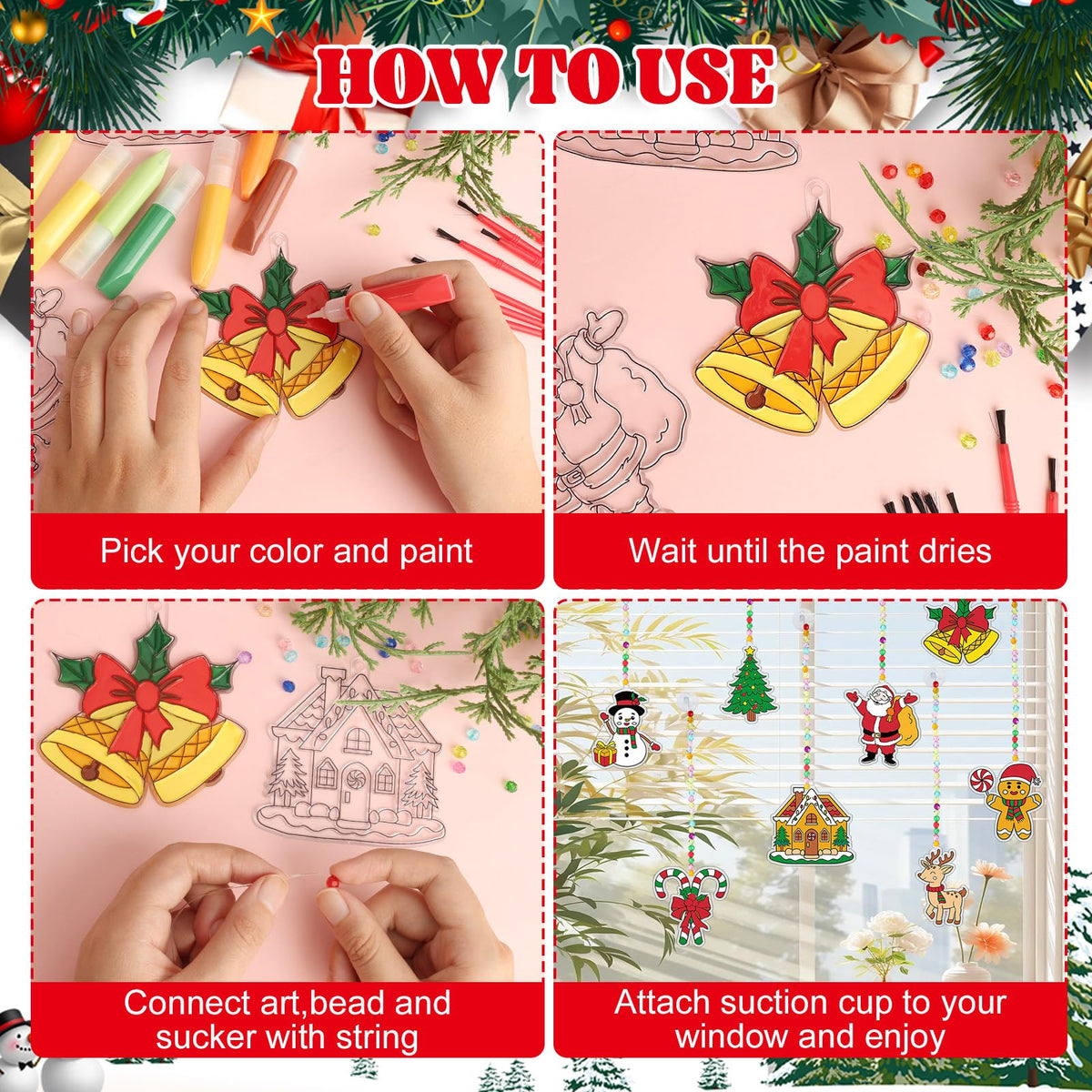 Nlicrst 32 Sets Christmas Suncatchers Ornaments Decorations DIY Window Paint Art Christmas Craft Kits DIY Santa Snowman Sun Catchers for Xmas Activities Art Project