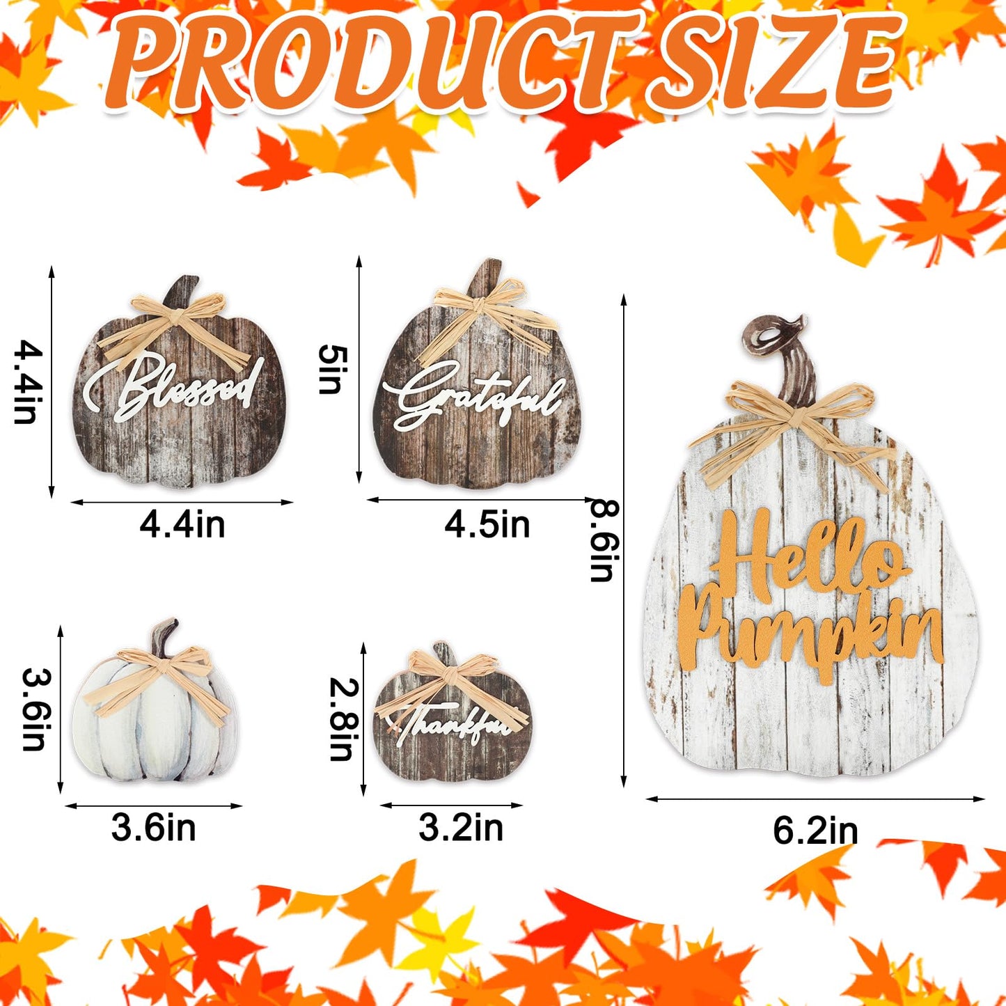 JarThenaAMCS 5 Pcs Hello Pumpkin Fall Decor Blessed Grateful Thankful Thanksgiving Decor Farmhouse Wood Pumpkin Table Centerpieces Autumn Desktop Decorations for Harvest Home Kitchen Decorations