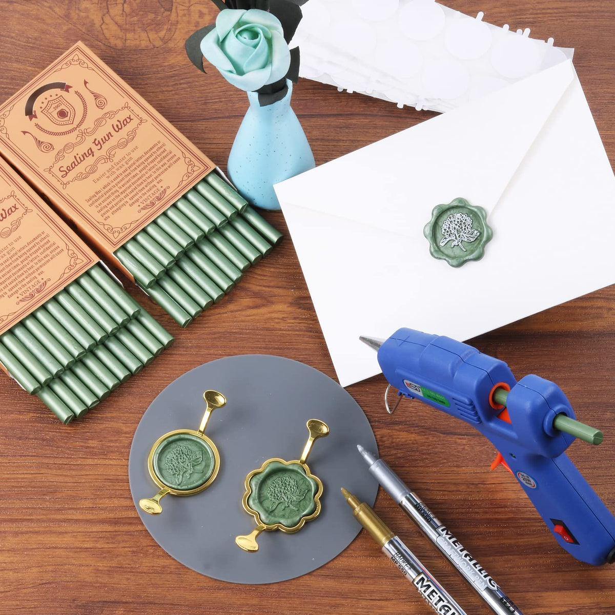 Wax Seal Kit, WASOHLING 40Pcs Pine Green Sealing Wax Sticks with Glue Gun, Wax Seal Molds, Silicone Waxing Mat, Marker Pens, Premium Kit for Wedding Invitations Envelopes Cards (Pine Green)