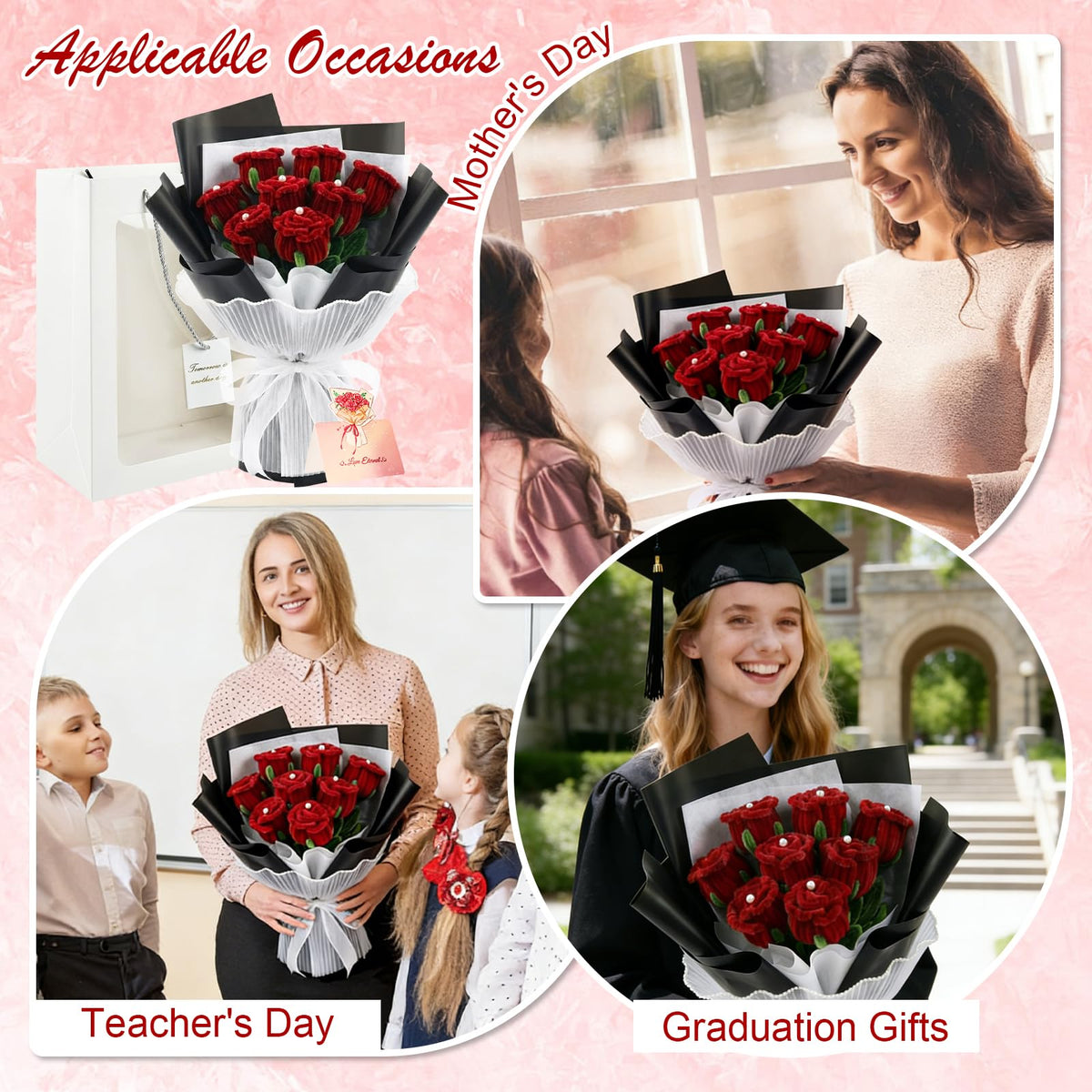 CANEGGG Finished Pipe Cleaner Flower Bouquet, Handmade Knitted 8 Red Rose Bouquet, Gifts for Mom, Birthday Gifts for Women, Forever Rose for Her Grandma Girlfriend on Anniversary Graduation