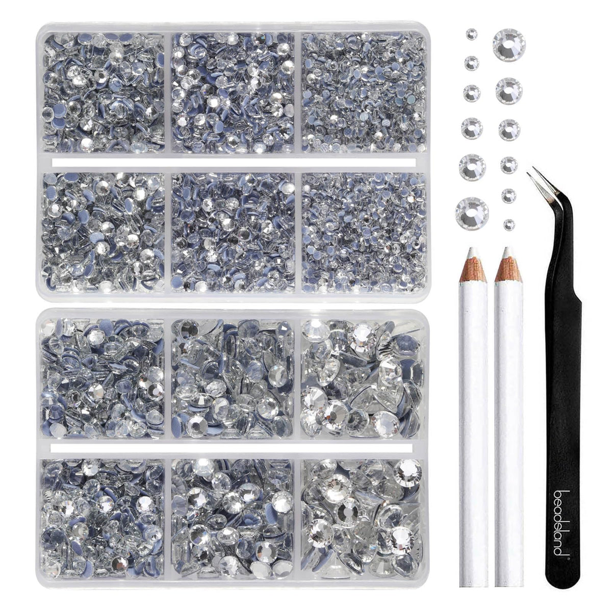 BEADSLAND Hotfix Rhinestones, 6080PCS Clear Rhinestones for Clothes Crafts Mixed 6 Sizes with Wax Pencil and Tweezers Kit, SS6-SS30, Crystal