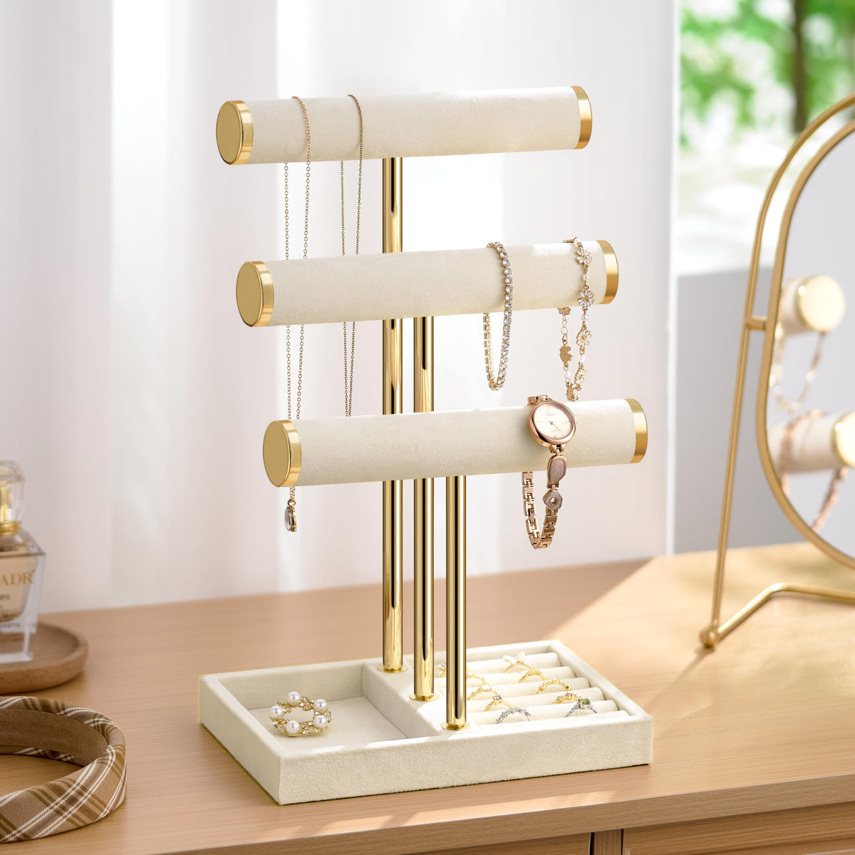 Josmimic Bracelet Holder Jewelry Organizer Display - 3 Tier T Bar Velvet Stand, Beige Jewelry Storage for Bracelet, Necklaces, Watches