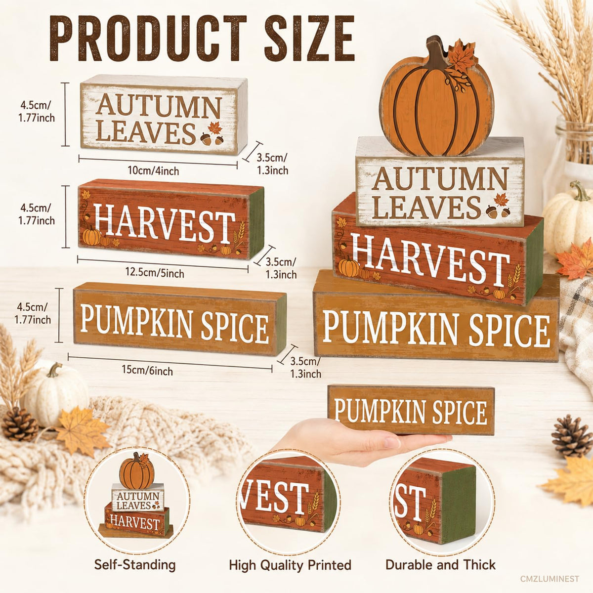 4 Pcs Fall Table Decor, Farmhouse Stacked Wooden Block Signs with Pumpkin Accents, Rustic Thanksgiving Tiered Tray Decorations, Autumn Harvest Tabletop Centerpiece for Home Kitchen Party