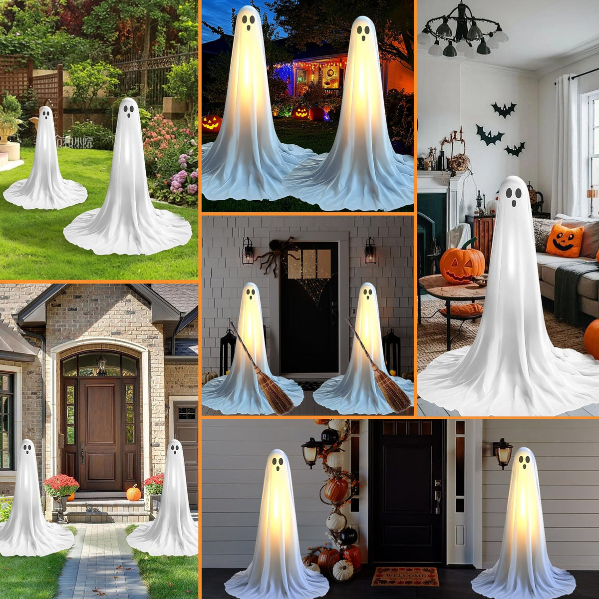 Evoio Halloween Decorations Outdoor 2 Packs 57'' Standing Ghost Adjustable Height, Light Up Spooky Halloween Decor with Built-in LED, Indoor Outside Yard Porch Lawn Party Supplies Decors