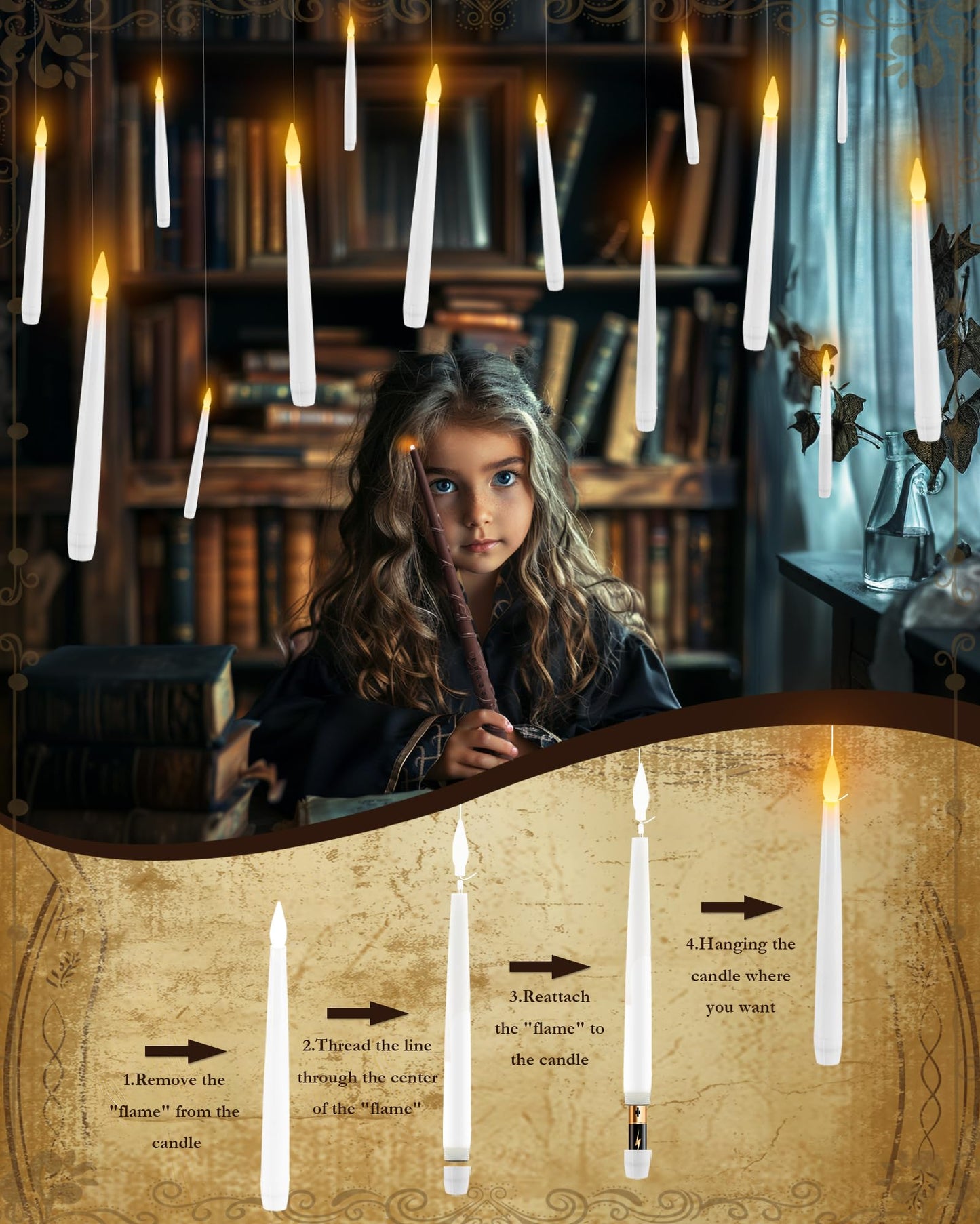Raycare 20 Pcs Floating Candles with Wand, Hanging Candle with Timer, Magic Deco Candles Flickering Warm Light, Flameless Taper Candle with Remote, LED Candlesticks for Birthday Halloween Party Decor