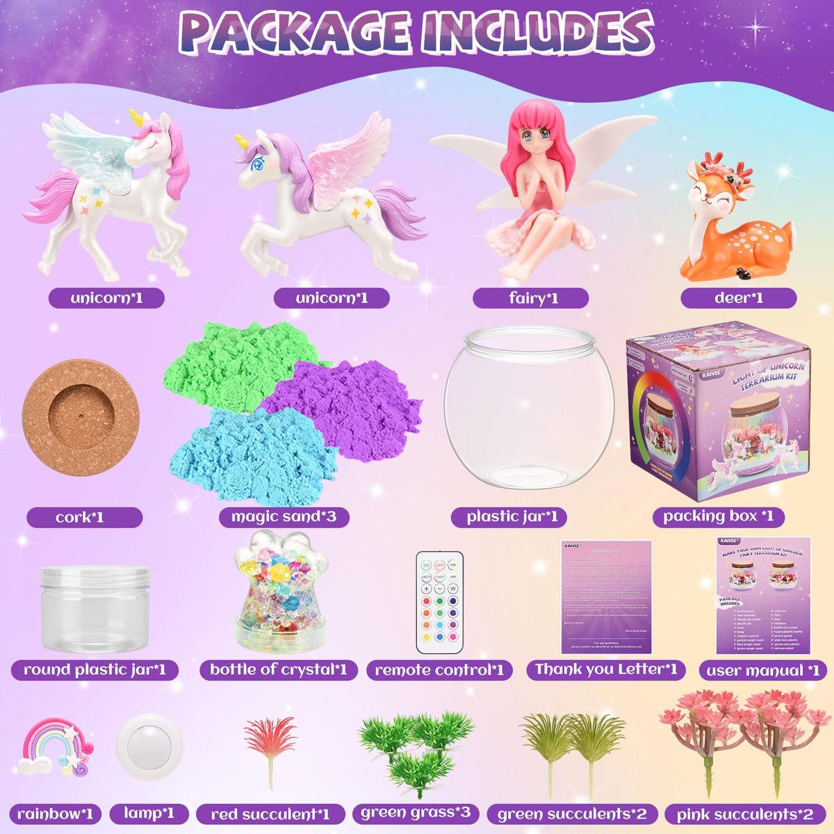 Kaivee 2 Theme in 1 Jar Light Up Unicorn Terrarium Kit & Night Light Fairy Terrarium Kit Creativity DIY Aarts Crafts for Girls Toys Ages 4 5 6 7 8 Year Old Girl Birthday Gifts