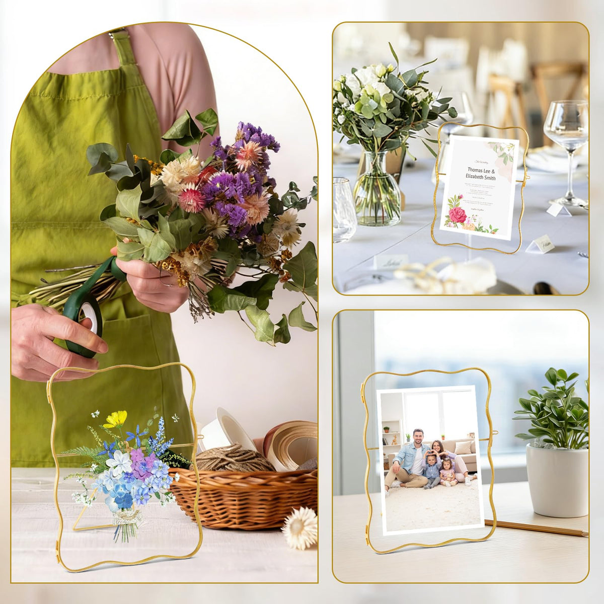 Himitimi Double Glass Frame for Pressed Flowers, 6x8 Inch Handmade Wave Pressed Flower Frame Metal Floating Picture Frame for Tabletop Display DIY Artwork Home Decor(Gold)