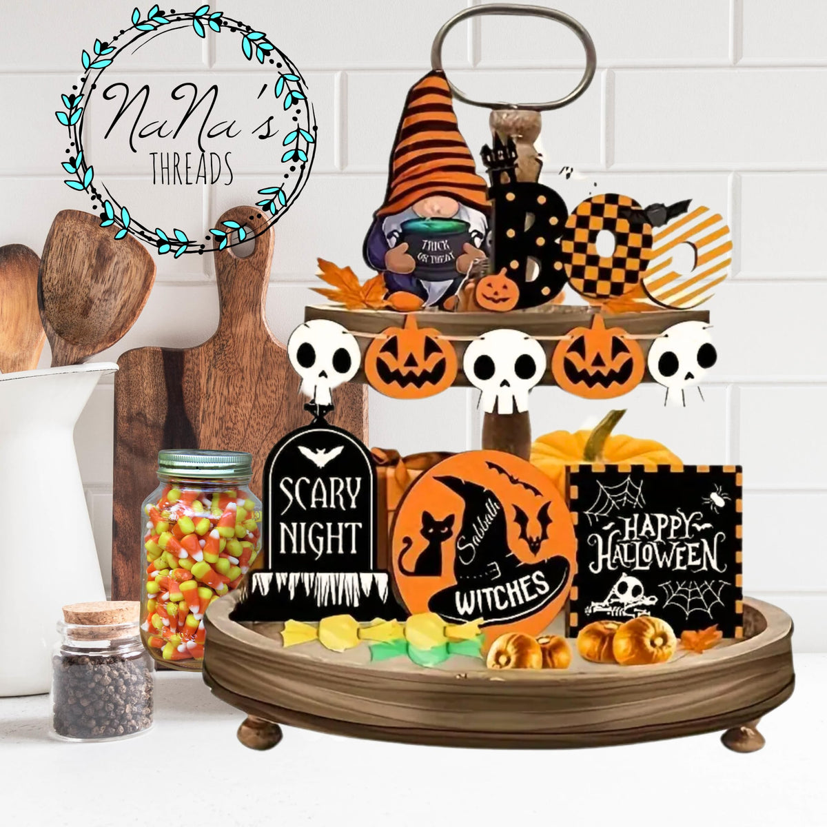 Halloween Tiered Tray Decor Set – Rustic Gnome Pumpkin Farmhouse Decorations for Kitchen, Coffee Bar & Dining Table – Wooden Fall Halloween Tray Accessories for Home Decor