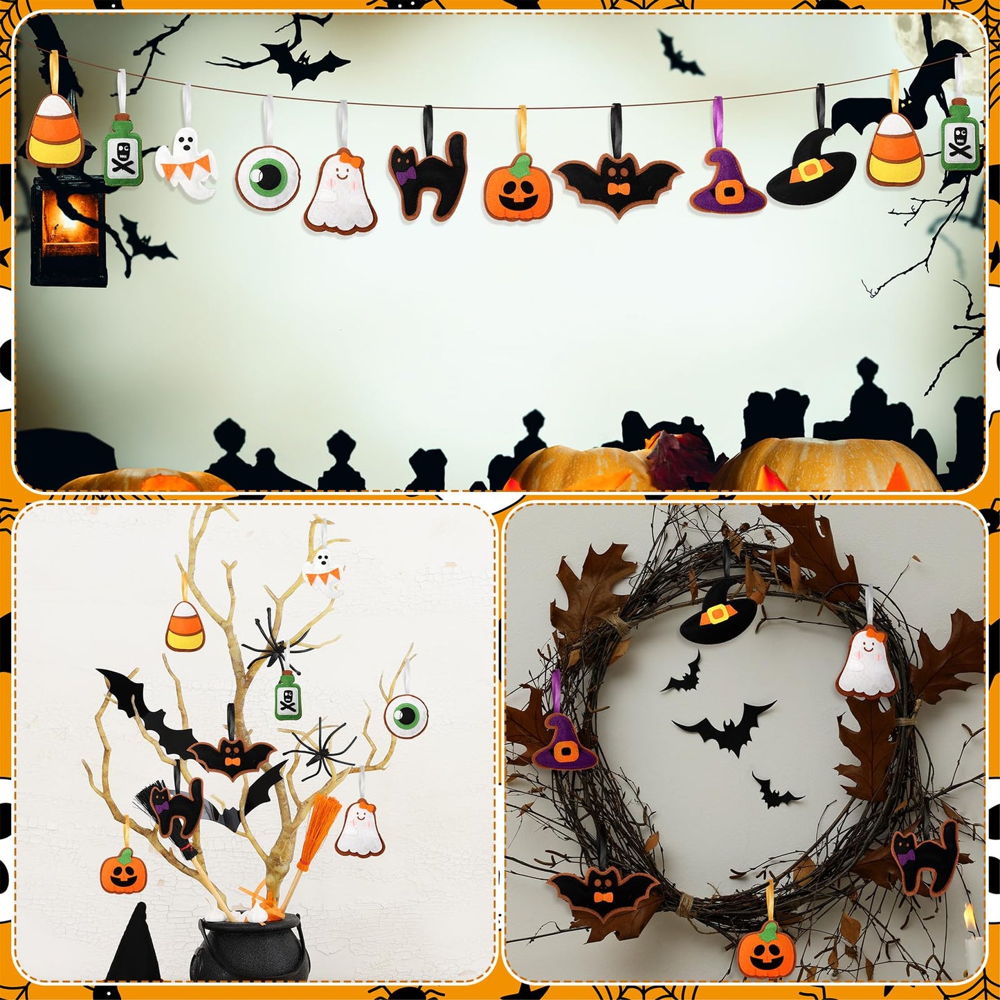 Breling 20 Pcs Halloween Felt Ornaments 3D Halloween Tree Hanging Decorations 3.15 Inch Ghost Bat Pumpkin Black Cat Witch Hat Felt Ornaments for Garland Banner Mantle Wall Party Decor