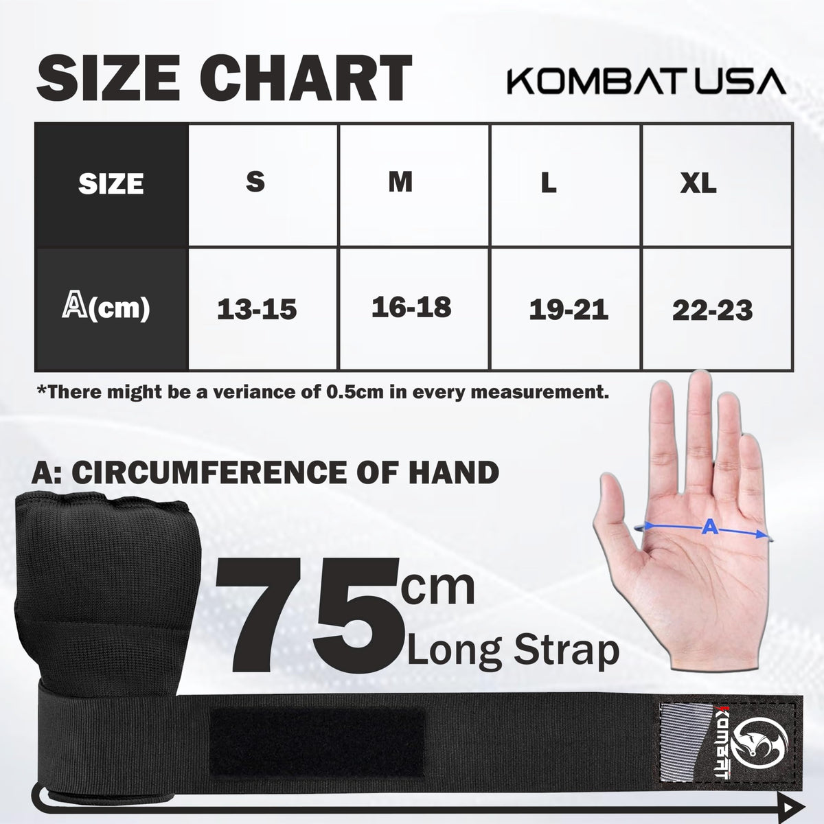 Kombat Gel Boxing Hand Wraps, Padded Inner Gloves for Men & Women, 75cm Quick Wrist Wraps, Knuckle & Wrist Protection for Muay Thai, MMA, Kickboxing, Martial Arts, Punching Training(Black, Large)