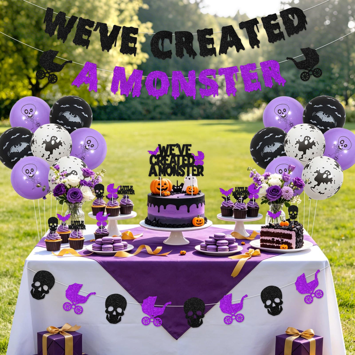 Fangleland Halloween Monster Baby Shower Decorations, Black Purle We've Created a Monster Banner Garland Cake Cupcake Toppers Balloons, Gothic Gender Reveal Pregnancy Announcement Party Supplies