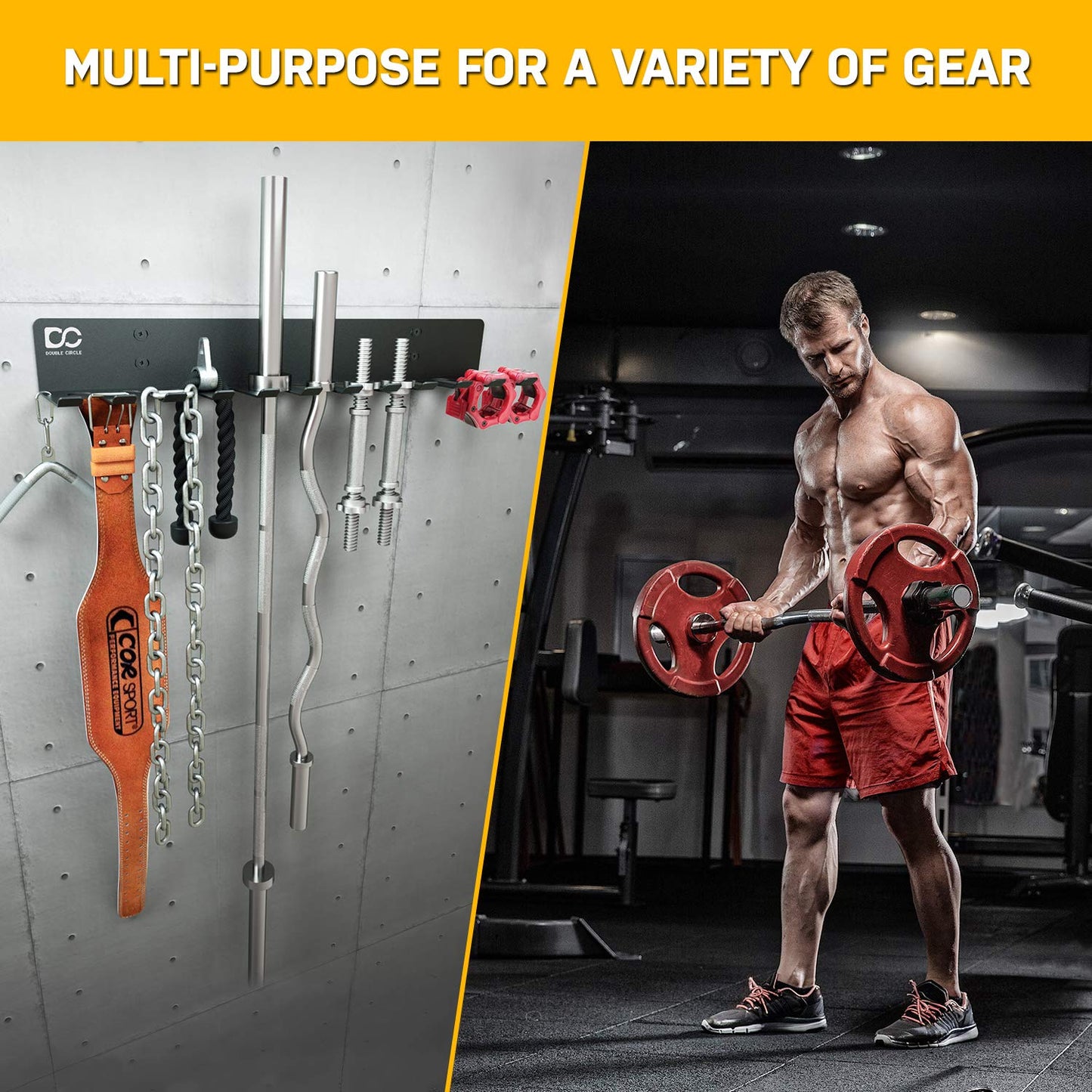 Double Circle Gym Storage Rack with 12 Hooks, Multi Purpose Gym Equipment Wall Rack Hanger for Pro Home Gym Storage for Exercise Bands, Barbell Bars, Jumprope (Hardware Included)