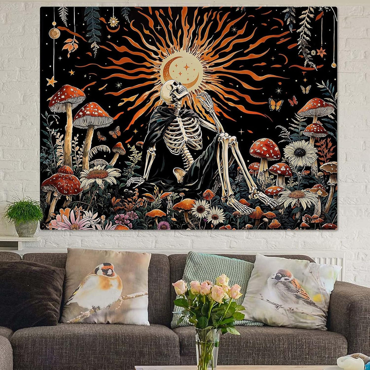 Kanuyee Fantast Meditating Skeleton Tapestry Mushroom Wall Art Tapestries Gothic Boho Room Decor Aesthetic Wall Hanging for Bedroom Dorm Living Room Fantasy Art 48x36 Inch
