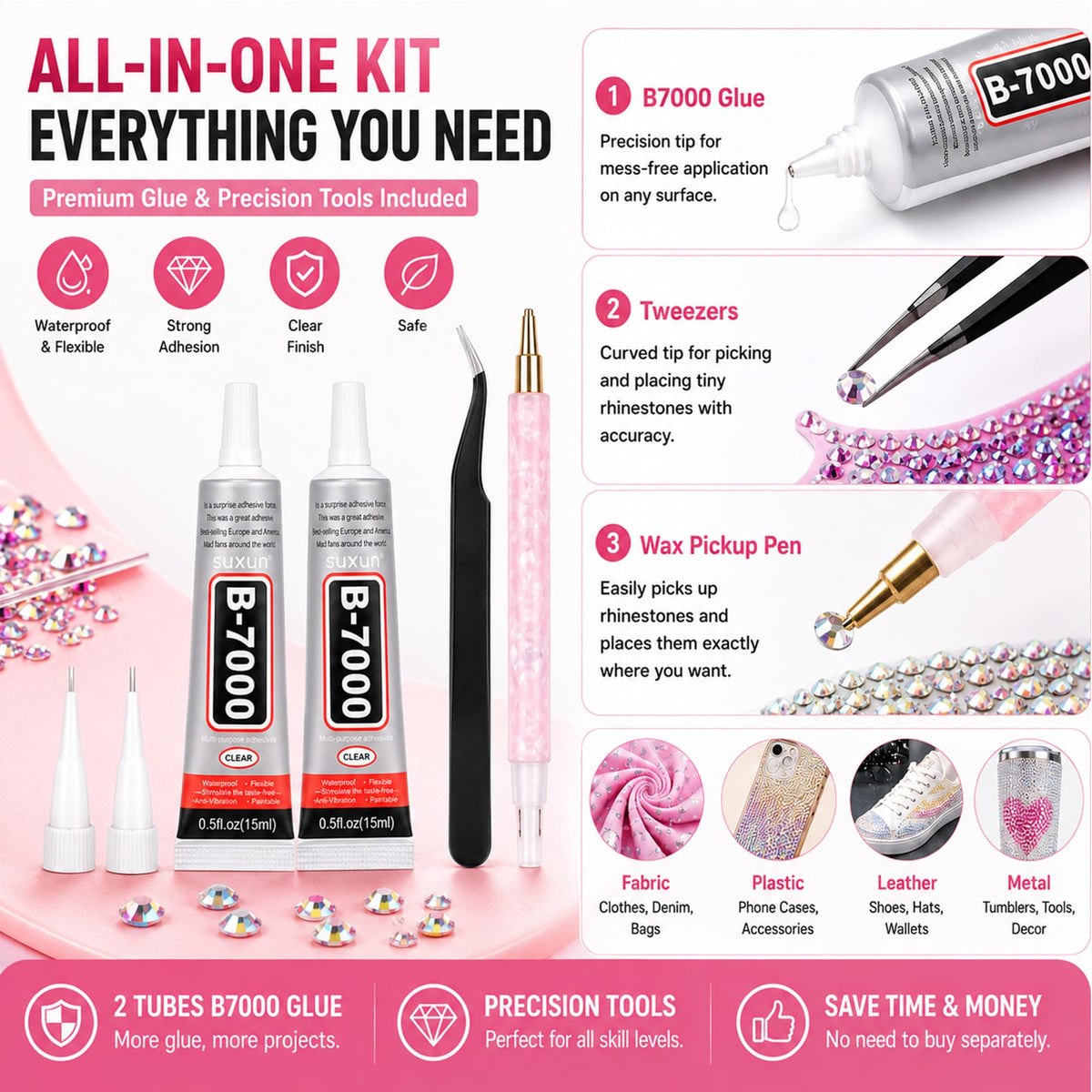 Vexorith Anti-Spill Rhinestone Bedazzling Kit, 35000pcs 28-Color High-Shine AB Coating Flatback Resin Rhinestones with B7000 Glue and Tools, Organizer Case for DIY Phone Cases, Clothes, Sneakers