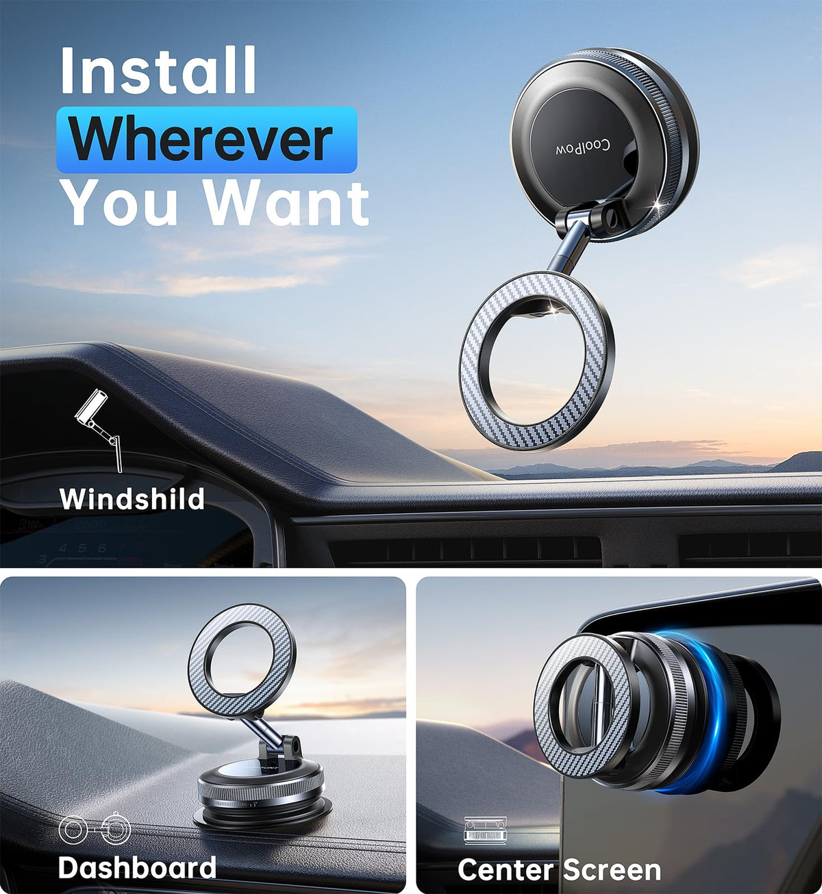 Coolpow【Newest Vacuum Magnetic Phone Holder for Car Phone Holder Mount【Movable Vacuum Suction】Magsafe Car Mount Cell Phone Holders for Your Car Accessories for Women Men for iPhone 17 16(Carbon Fiber)