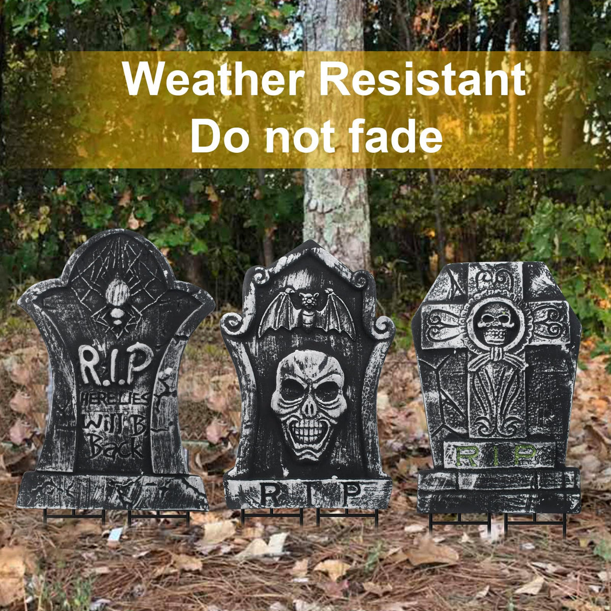 17" Foam Tombstones – Halloween Headstones Outdoor Decorations – RIP Graveyard Stones for Yard Cemetery Lawn Decor – Set of 3