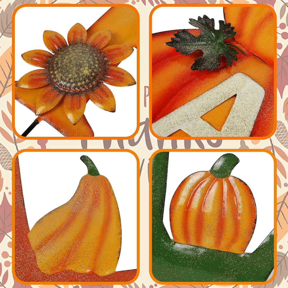 Juegoal 4 Pcs Fall Decorative Garden Stakes, 24 Inch Letter Metal Yard Sign with Pumpkins, Outdoor Art Stake for Thanksgiving Decorations Autumn Harvest Patio Lawn Walkway, Style A