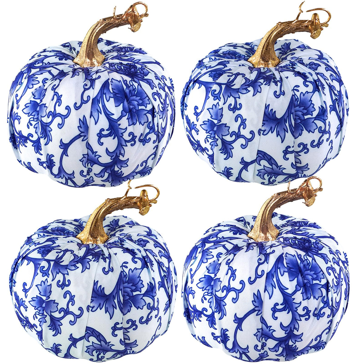 Winlyn 4 Pcs Faux Decorative Blue and White Fabric Pumpkins Chinoiserie Chic Pumpkins Foam Pumpkins for Gifts Farmhouse Thanksgiving Halloween Fall Wedding Table Centerpiece Mantel Bowl Decorations