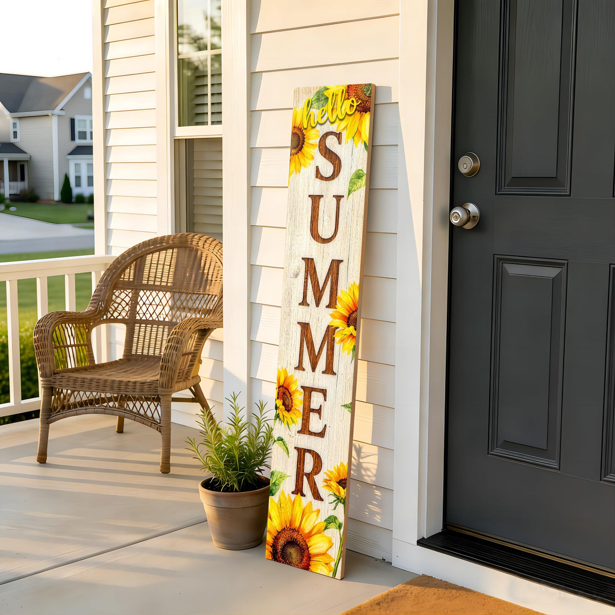 Hello Summer wooden porch sign Vertical hanging decorations Welcome sign front door standing Decorative sign 47x7.8Inch Sunflower pattern Suitable for Outside Decor