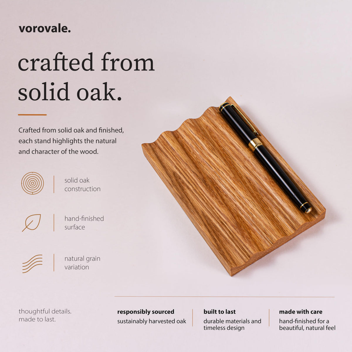 Vorovale Solid Oak Pen Tray, Minimalist Desk Organizer, Natural Wood Pen Holder with Rounded Wavy Channel, Handcrafted Office Accessory