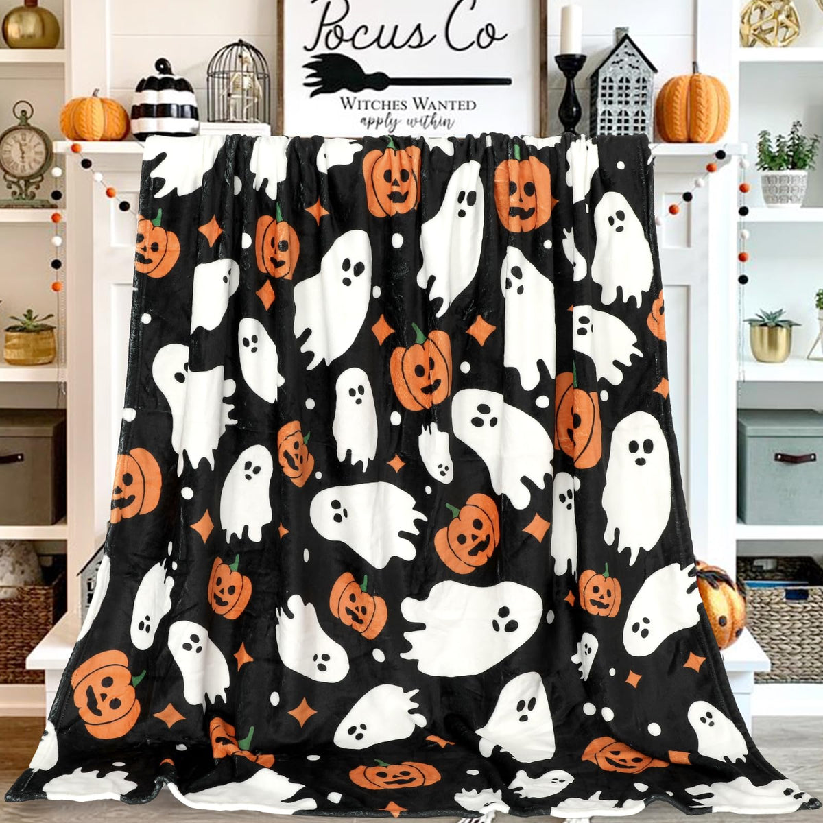 JarThenaAMCS Halloween Fuzzy Flannel Blanket Boo Ghost Pumpkin Throw Blanket Black Soft Blankets for Farmhouse Home Sofa Chair Bed Couch, 60 x 70 Inch