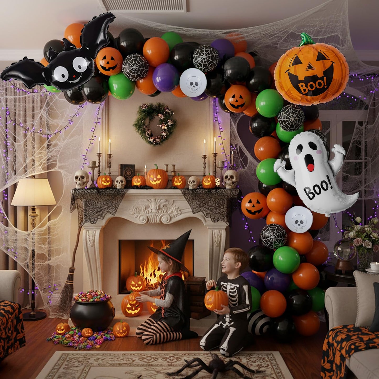 Halloween Decorations with Orange Black Green Purple Balloon Garland Arch & Spider web Bat Ghost Pumpkin Stripes foil Balloons for Horror Night one spooky Trunk or Treat Car Party Boo day Supplies