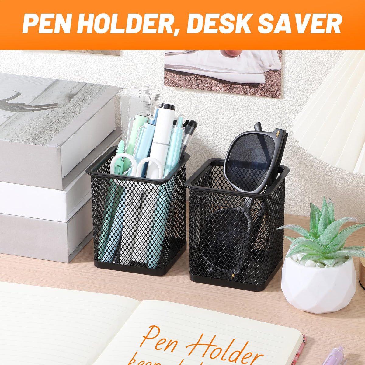 Segarty Square Pen Holder, 3 Pack Black Pen Holder for Desk, Metal Mesh Pencil Cup Container Desktop Accessories Organizer for Office, School, Home, Makeup Brush