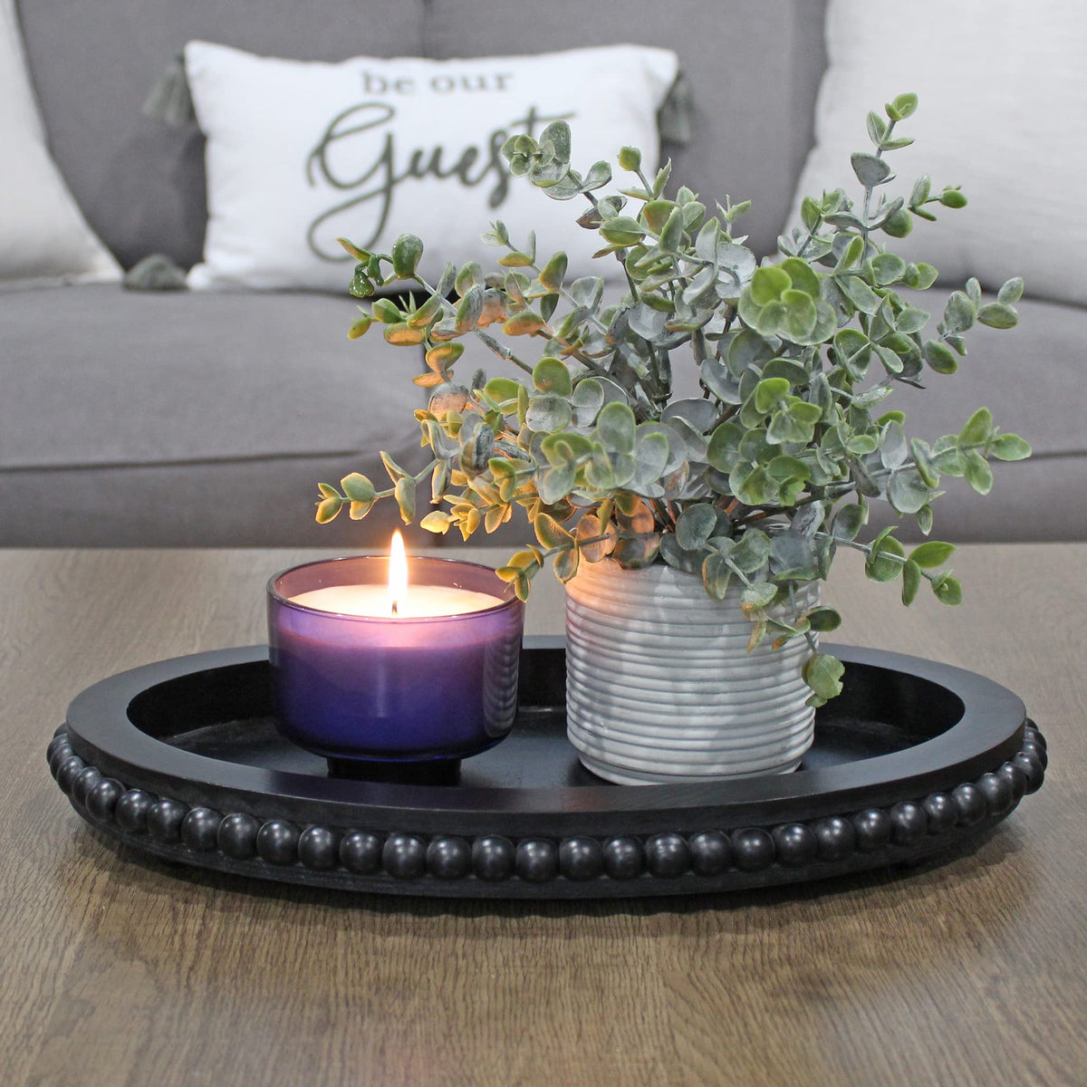 AuldHome Design Wood Beaded Tray (Black), Decorative Farmhouse Style Oval Wooden Tray