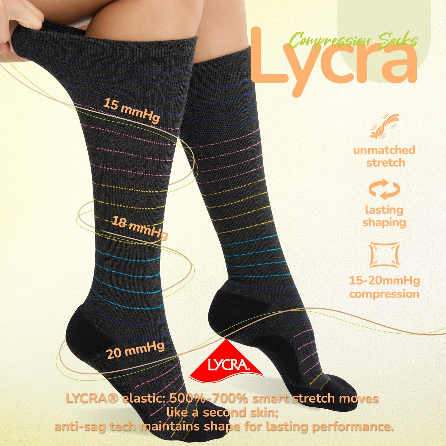 Iambamboo Merino Wool Compression Socks for Women Men, 15-20 mmHg Graduated, Soft & Breathable for Nurses, Running Athletic, Travel, Pregnancy L/XL (Red&Yellow&Blue)