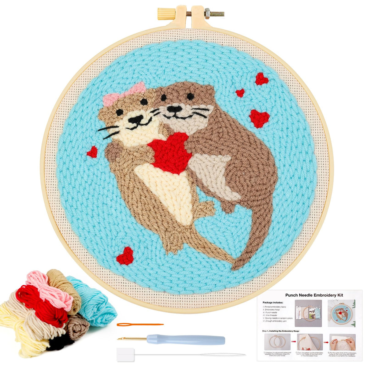 JSRQT Punch Needle Embroidery Starter Kits with Hoops Instructions Beginner Rug Hooking Pinch Craft Handcraft Tools Yarn Cute Pattern for Adults DIY Cross Stitch