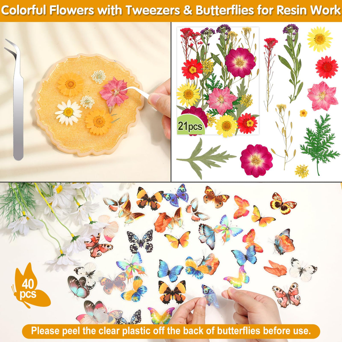 235 Pcs Pressed Dried Flowers for Resin, Natural Real Dried Pressed Flowers for Crafts, Bulk Dry Flowers for Resin Molds, Candles, DIY Art Jewelry Making with Tweezers Butterfly Stickers Set Decorate