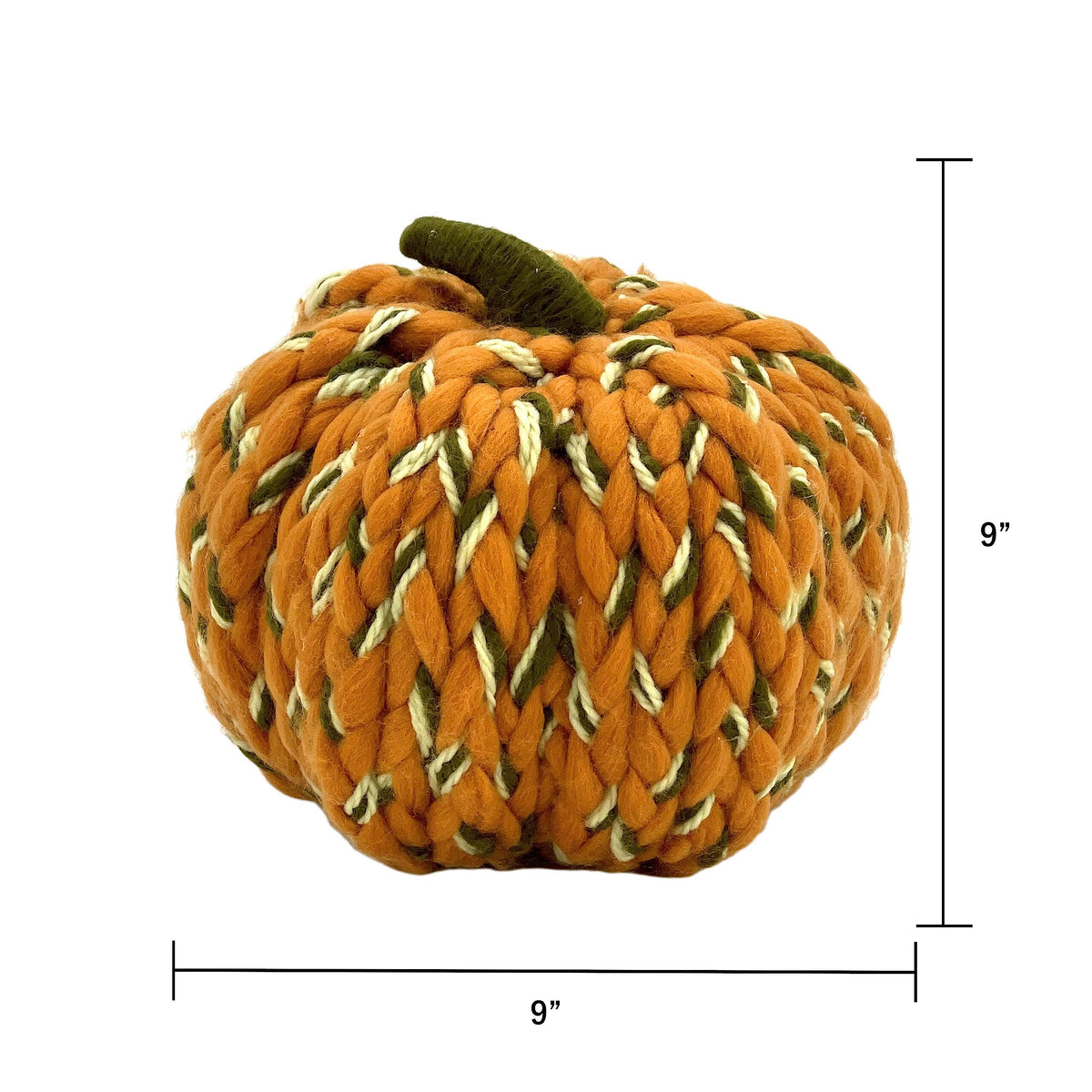 Galt International Chunky Yarn Woven Pumpkin Handmade Indoor Thanksgiving Harvest Decoration 9" Fall Autumn Home Decor Orange Green Cream Tabletop Coffeetable Mantle Dining Table Braided