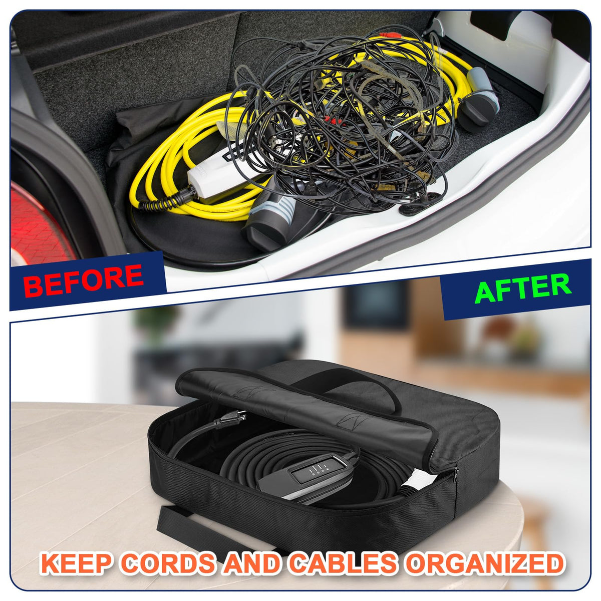 20 Inch Jumper Cable Bag, Heavy Duty Water Resistant Tools Cable Bag, Cable Cords Hoses Storage & Organizer with Exterior Pocket for Jumper Cable,EV Charging Cables,Extensions and Garden Hoses