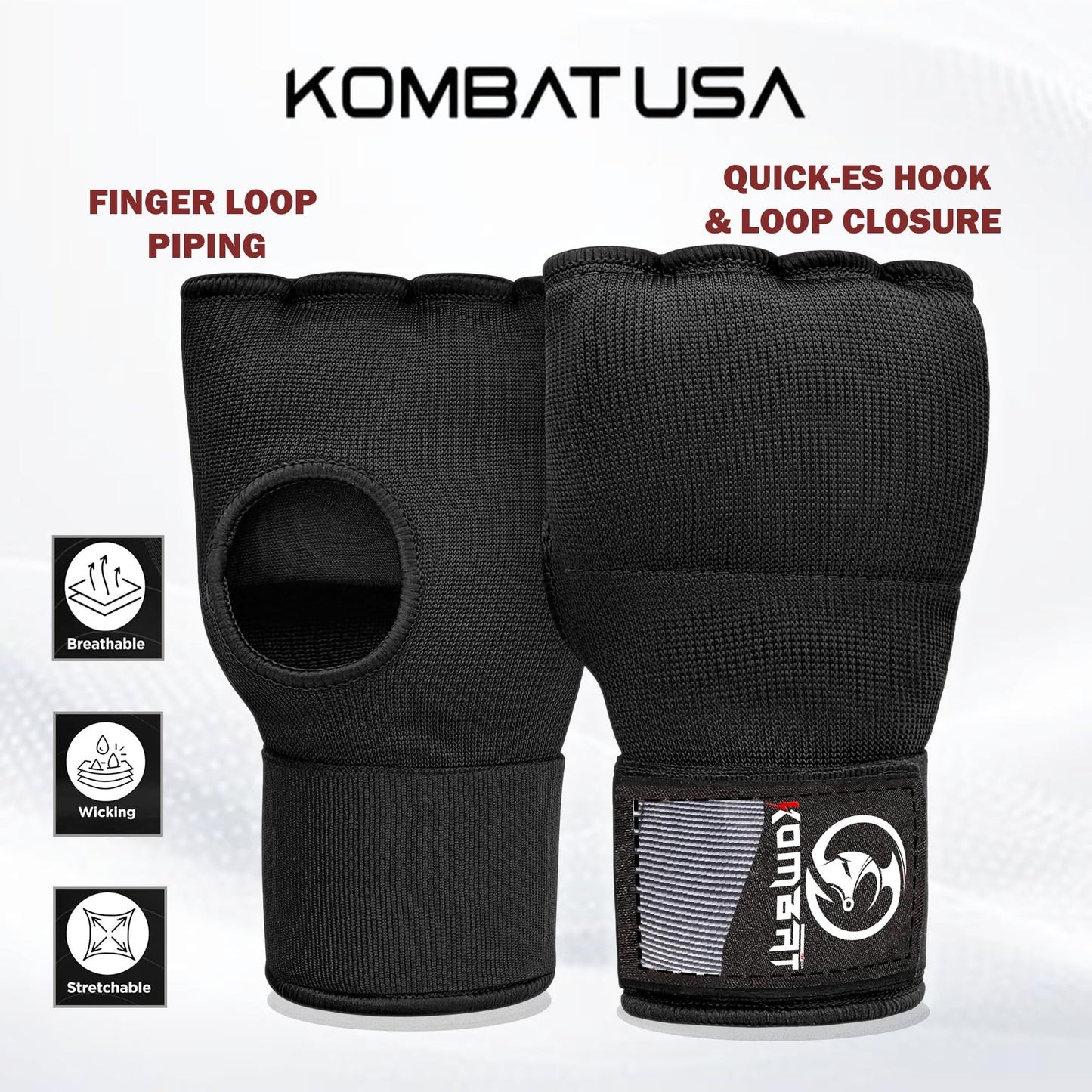 Kombat Gel Boxing Hand Wraps, Padded Inner Gloves for Men & Women, 75cm Quick Wrist Wraps, Knuckle & Wrist Protection for Muay Thai, MMA, Kickboxing, Martial Arts, Punching Training(Black, Large)