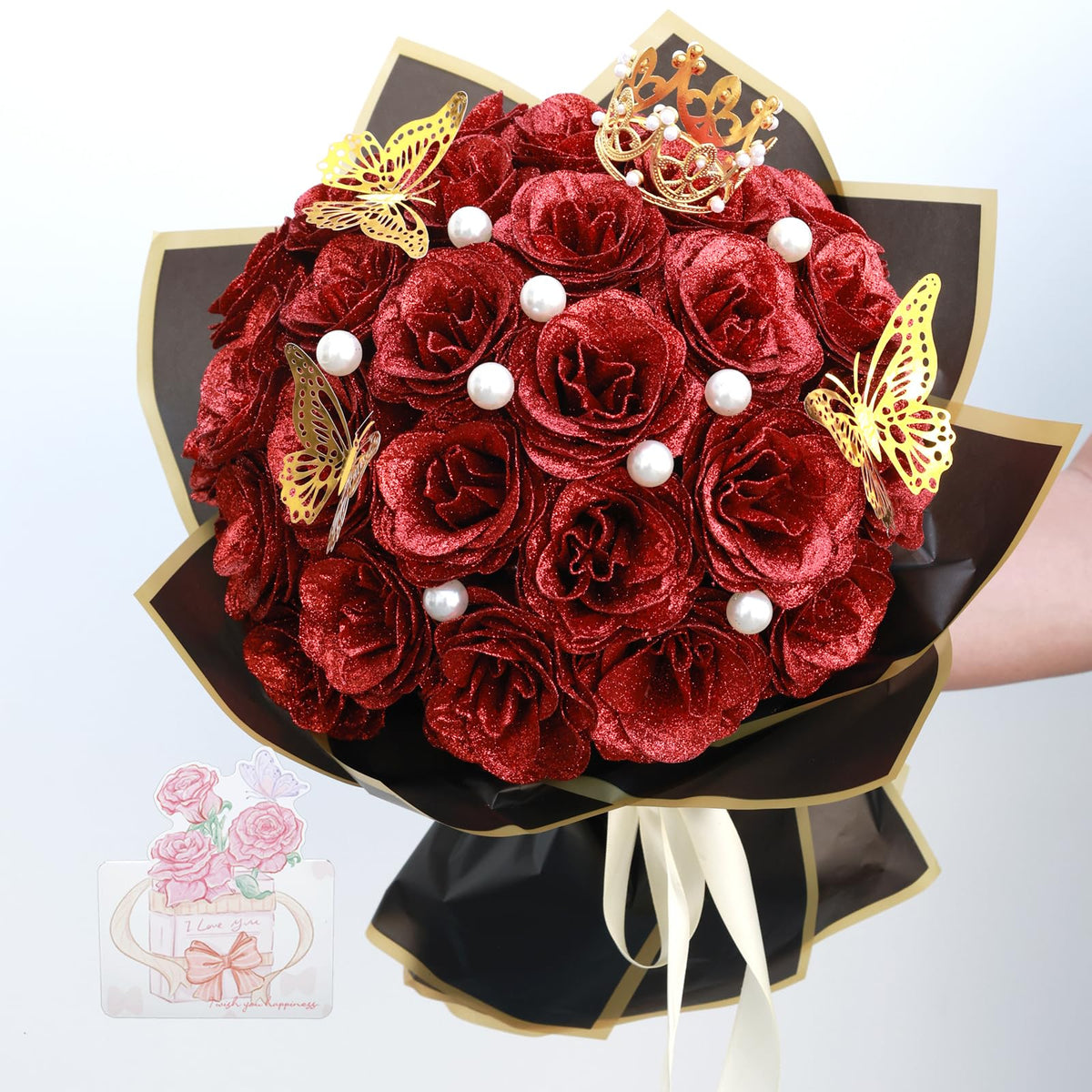 jabeick Glitter Roses Bouquet, Shiny Artificial Roses Flowers with Stems DIY Fake Glitter Flowers Bouquet for Valentines Mothers Day Graduation Birthday Anniversary, 24 Roses (Red)