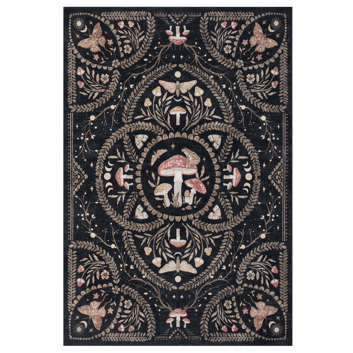 Garvee Mushroom 9x12 Area Rugs for Living Room, Dark Academia Gothic Rug, Non Slip Animal Print Washable Rugs 9x12 Low Pile Bedroom Decor Bug Carpet with Rubber for Dining Room Playroom Office, Black