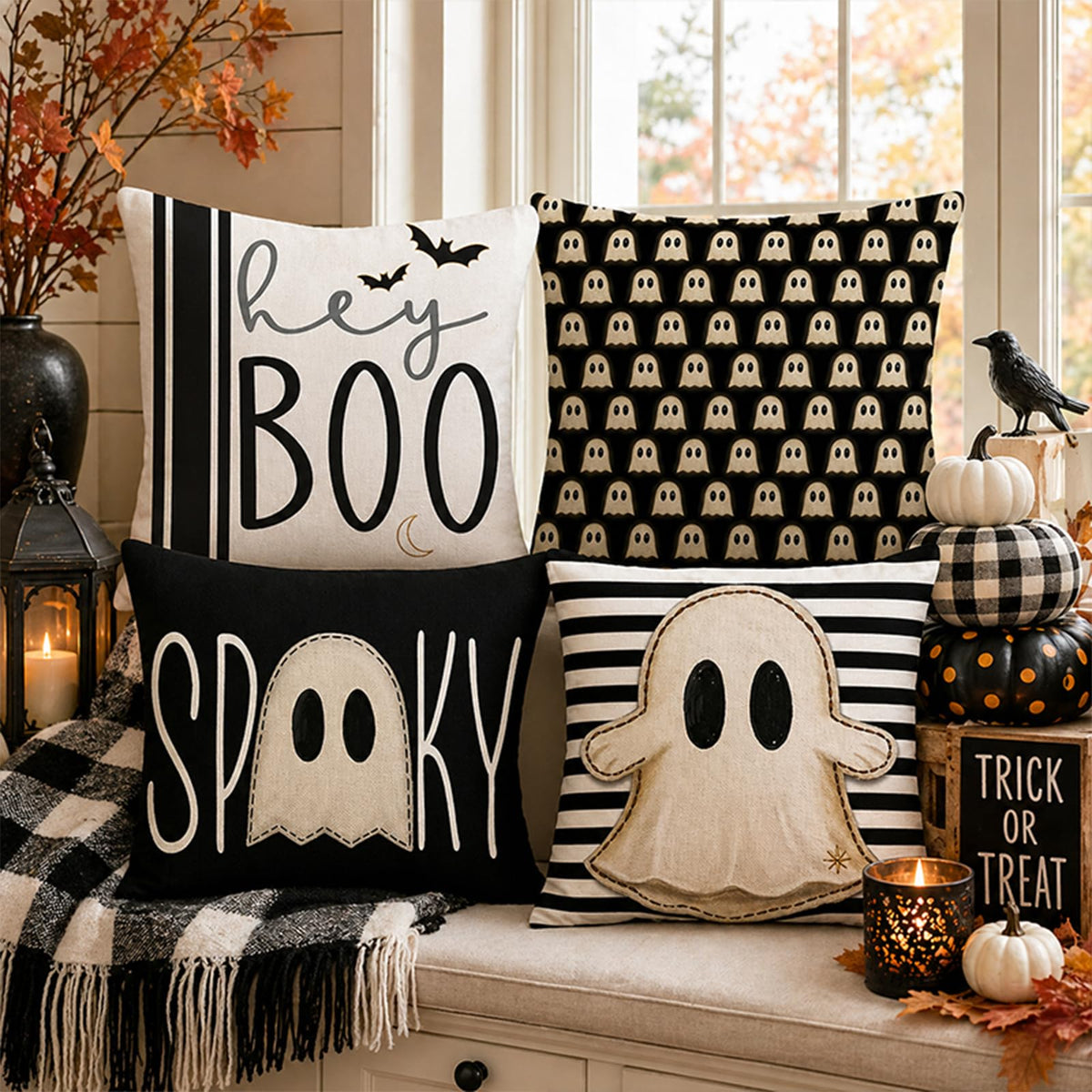 Juynyyn Halloween Hey Boo Cute Ghost Spooky Throw Pillow Covers, 18 x 18 Inch Horror Scary Cushion Case for Sofa Couch Set of 4