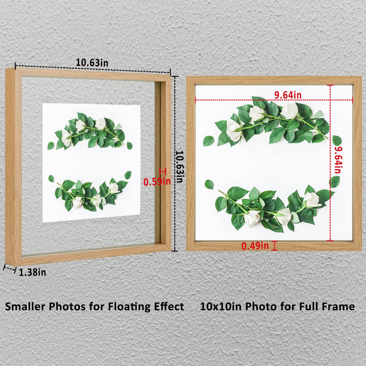 MUYE 10x10 Floating Frame Set of 2,Double Glass Square Photo Frame,Display Any Size Photo up to 10x10,Wall Mount or Tabletop Standing,Natural